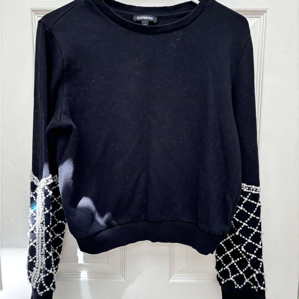 Express Black Boxy Embellished Long Sleeve Sweater